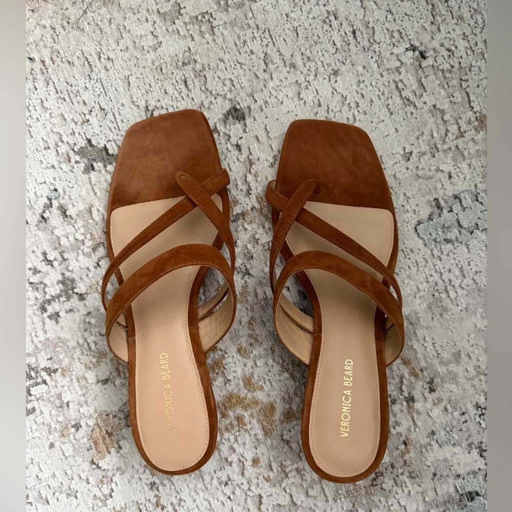 Veronica Beard Cognac Suede Crisscross Square-Toe Sandals